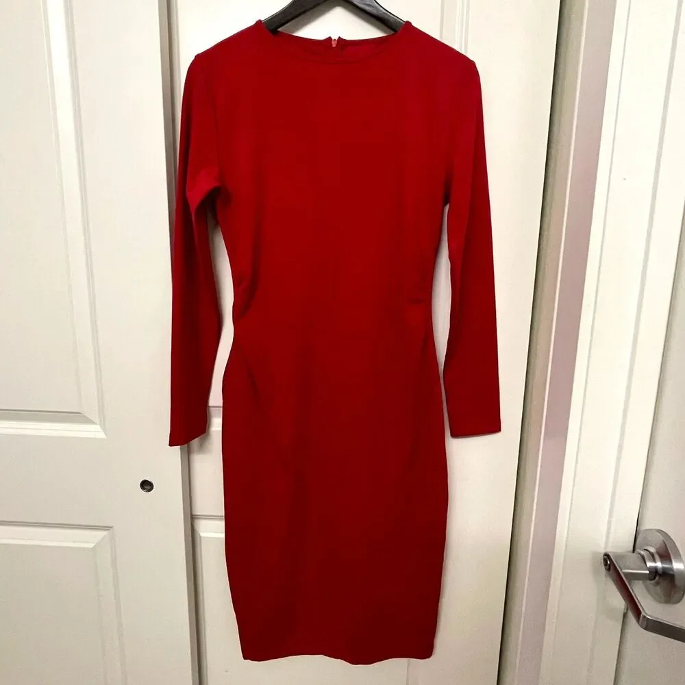 Women’s Red Long Sleeve Midi Sheath Dress Stretch Slim Comfy Size L - Picture 2 of 14